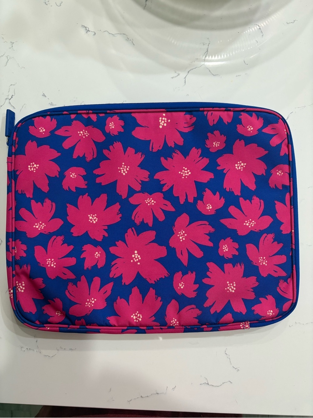 Vera Bradley Blue computer  Pouch with Hot Pink Floral Print 14 1/2” x 11 1/2”.